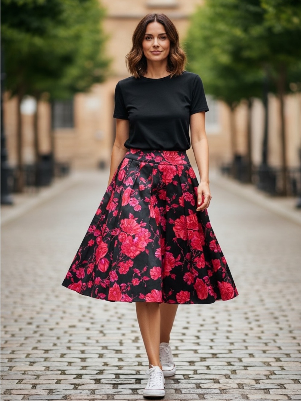 Talbots Black A-Line Knee Length Lined Silk Blend Skirt with Pink Floral Print